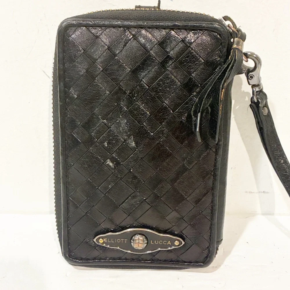 Elliot Lucca Black Woven Leather Organizer Id Slot Wristlet‎ Wallet